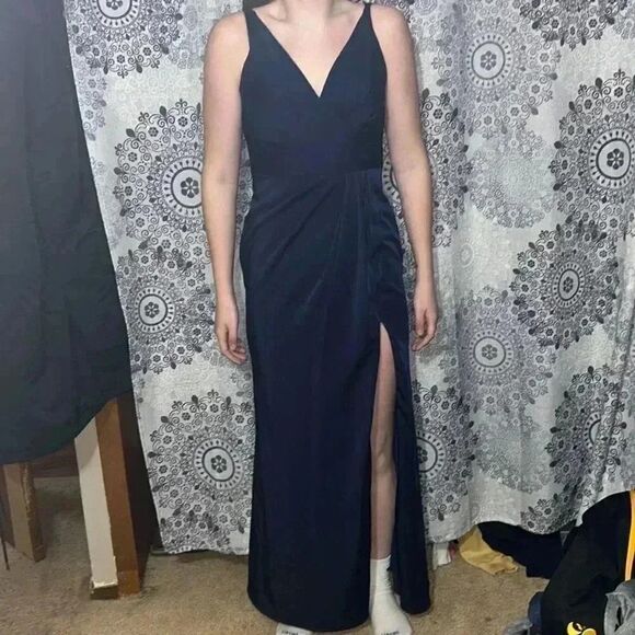 V Neck Long Dress With Wrap Front And Leg Slit, Like New - Picture 3 of 12